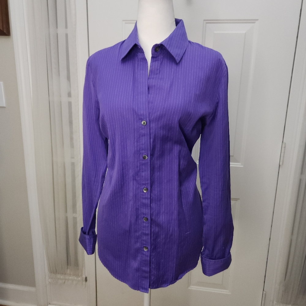 Women's Calvin Klein Purple and White Pin Stripe Button Down Top Size Large